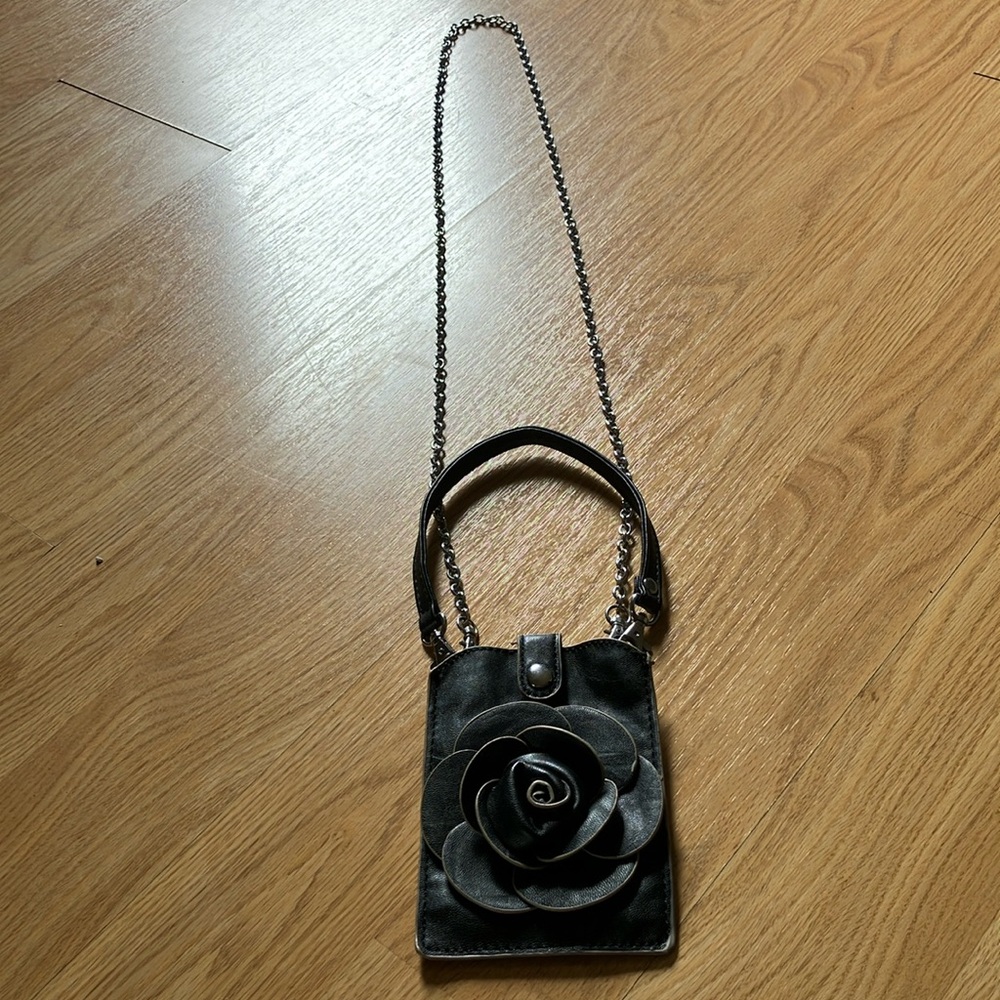 Black Floral Embellished Clutch with Chain Strap